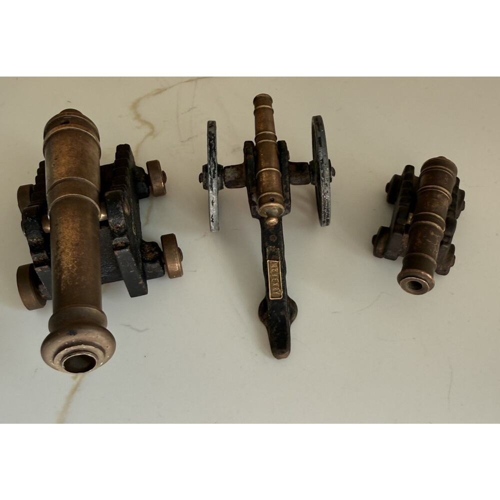 Lot Of 3 Antique Vintage Brass Cast Iron Desktop Cannons USA Penncraft Navy